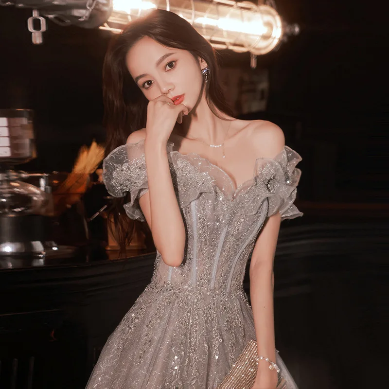 

Fairy Long Cheongsam Celebrity Banquet Dress Elegant Pleated Party Qipao Temperament Sexy Slash Neck Prom Dress Robe De Soiree