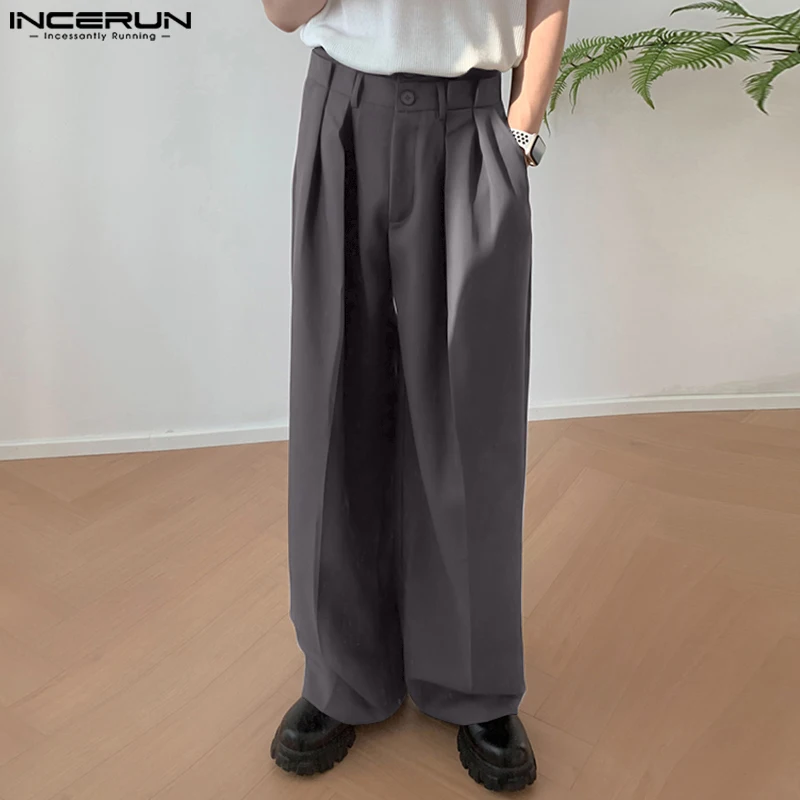 

Fashion Men Pants Solid Button Loose Pockets Casual Wide Leg Trousers Men Streetwear 2023 Korean Style Long Pants S-5XL INCERUN