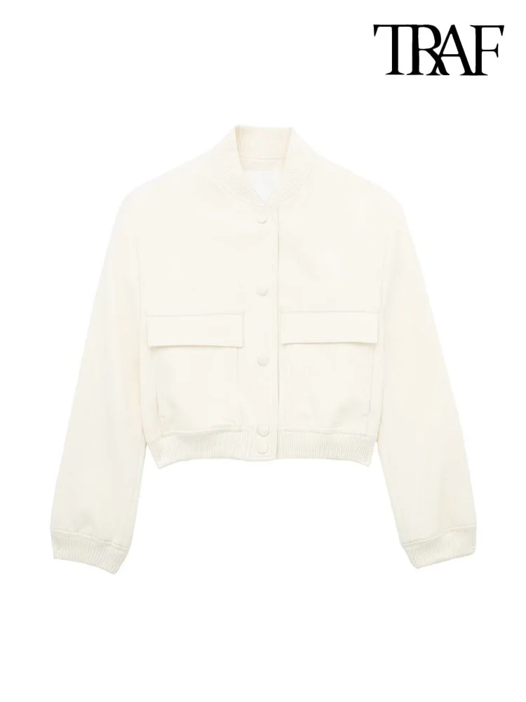 

Women Fashion With Pockets Cropped Bomber Jacket Coat Vintage Long Sleeve Front Button Female Outerwear Chic Tops