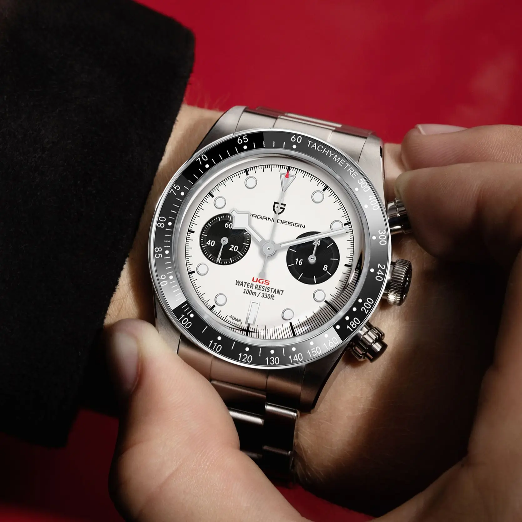 ページニデザイン2023新しいbbパンダレトロスポーツクロノグラフクォーツ時計男性用サファイアミラー10バー防水腕時計