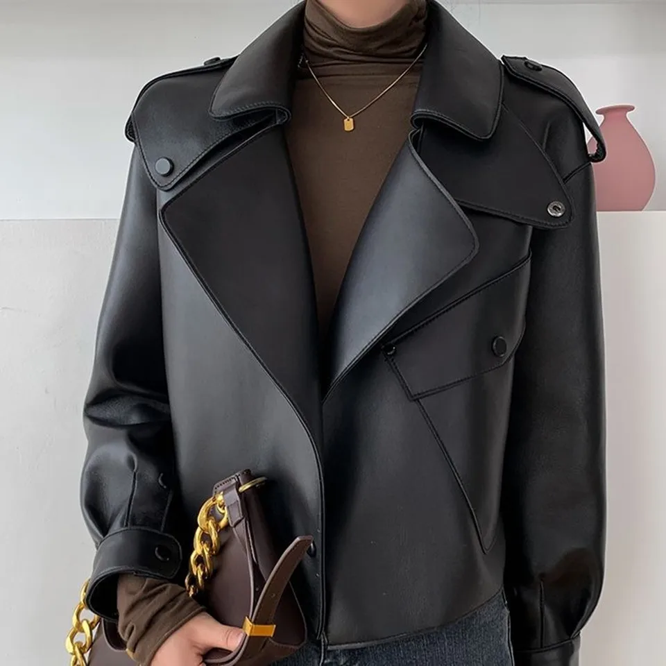 Red Leather Jacket for Ladies, Genuine Sheepskin Outerwear, Short Version, Loose Motorcycle Jacket, Spring and Autumn Tops