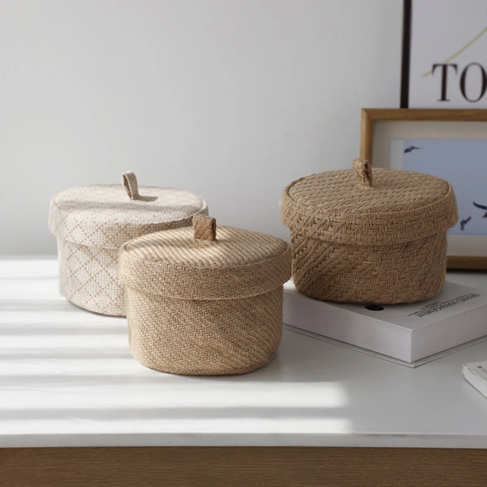 Wicker Seagrass Flower Pot Boxes Sundries Storage Baskets With Lids Weaving Snack Storage Box Jute Wardrobe Table Round Gift Box 5