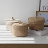 Wicker Seagrass Flower Pot Boxes Sundries Storage Baskets With Lids Weaving Snack Storage Box Jute Wardrobe Table Round Gift Box 5