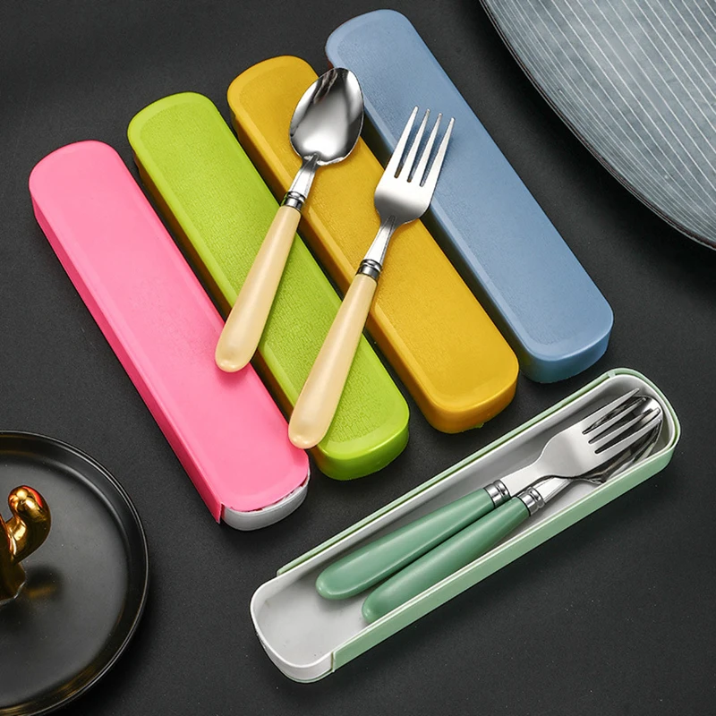 Cutlery Set 2Pcs/Set Portable Spoon Fork Combination Travel Tableware Stainless Steel With Box For Kid School