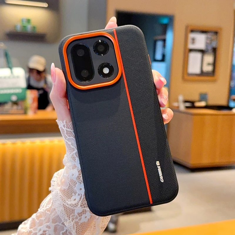 Luxury Leather Texture Color-block Design Shockproof Bumper Back Cover with Metal Camera Lens Ring