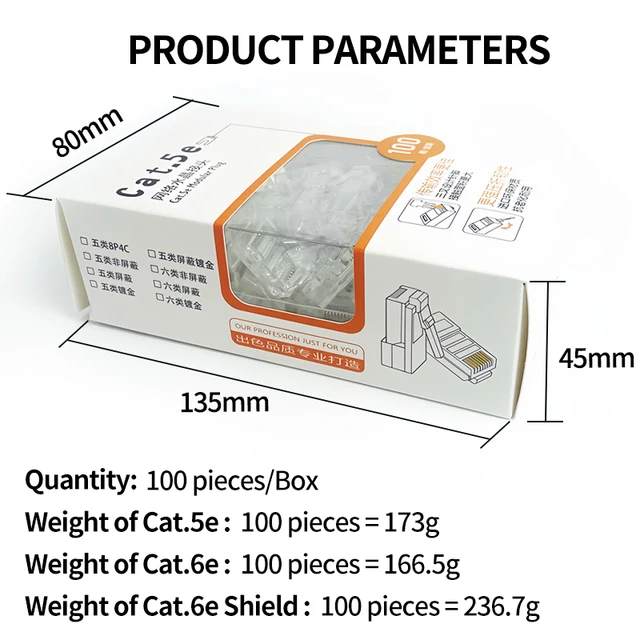 100Pcs/Box Ethernet Cable Cat5e RJ45 Plug Connector - Gold Plated, Cat5 Network Crystal Head for Stable Gigabit Ethernet. 2