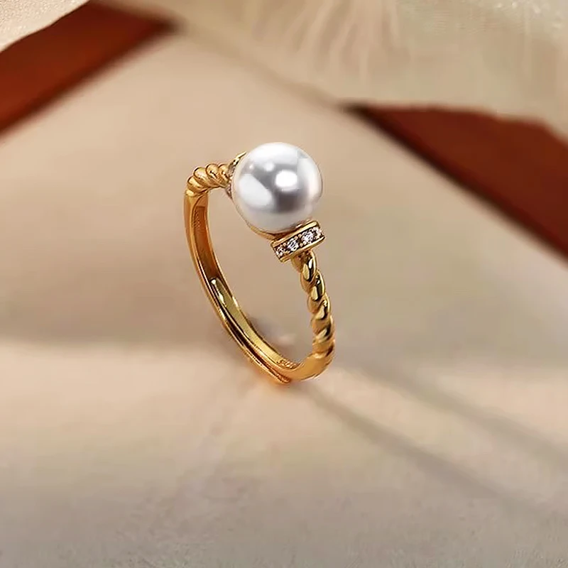 Stainless Steel Rings for Women Aesthetic Pearl Gold Color Wedding Ring Waterproof  Adjustable Opening Accessories Party Jewelry