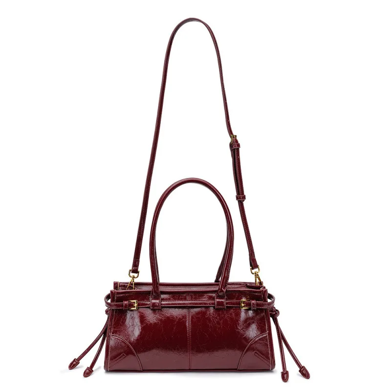 2025 New Soft Lux Boston Style Women's Motorcycle Fashion Crossbody Shoulder Bag Layered Oil Wax Leather Single Strap