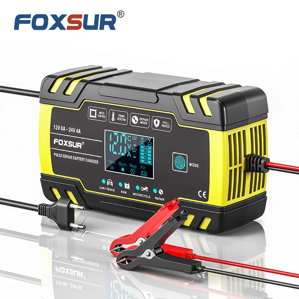 FOXSUR FBC122408D Smart Car Battery Charger for 12V 4A / 24V 8A Truck Motocycle RVs Boat AGM Gel Lead Acid Batteries with Pulse Repair LCD