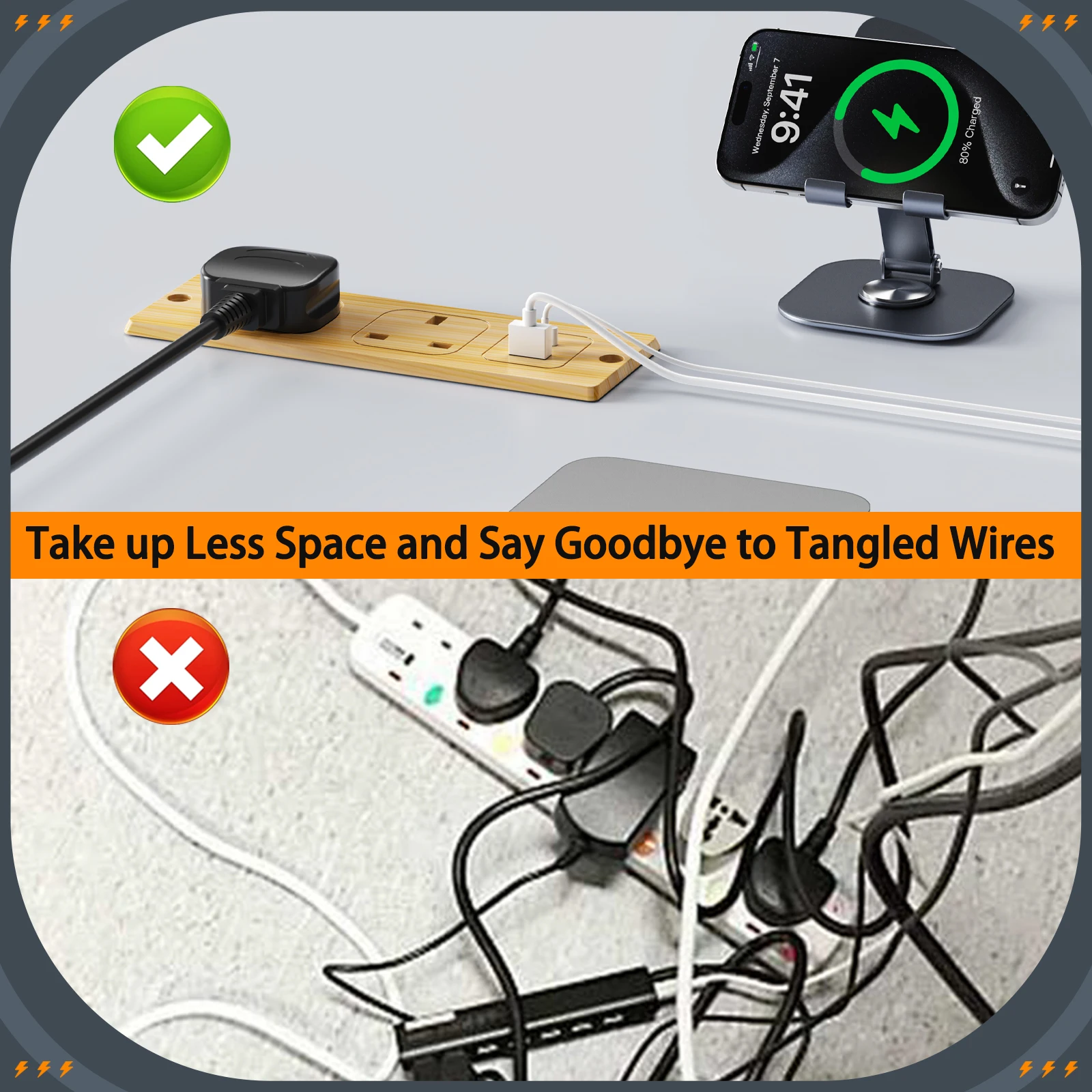 UK Plug Recessed Socket with USB-C Fast Charging and 2m Extension Cable - Enhanced Safety Features