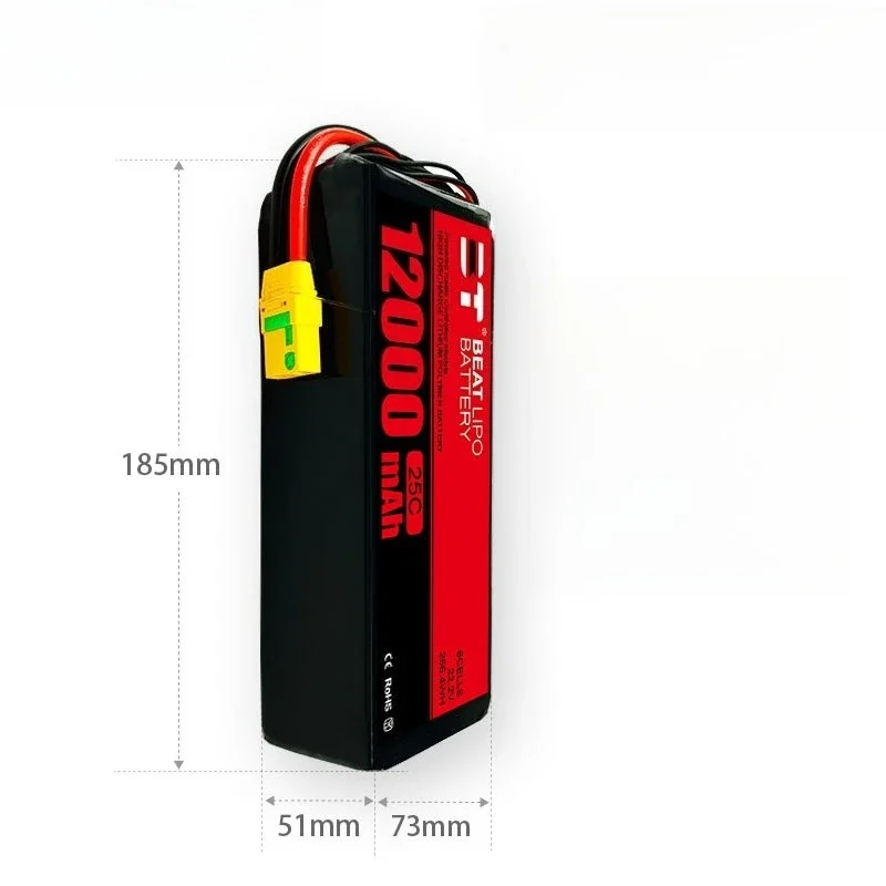 Batterie LiPo 12000mAh 6S 22.2V 25C branchée à un drone RC, prête pour le vol.