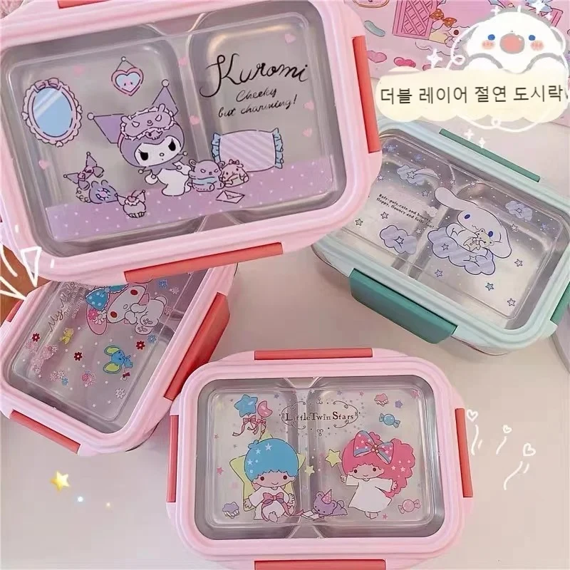Cute Sanrio Kuromi Double-Layer Bento Lunch Box with Rice Stainless Steel Insulated Anti-Scald Compartment Cinnamoroll Tableware