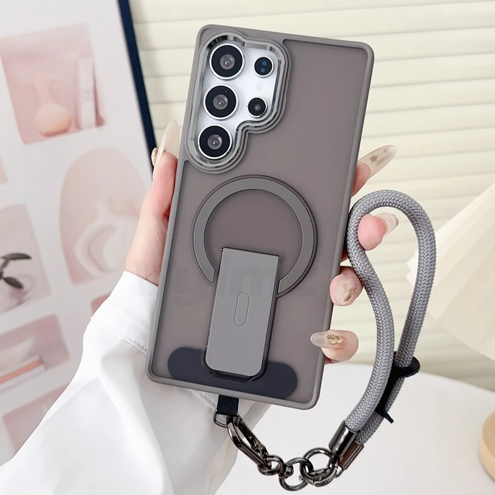 Luxury Magnetic Folding Stand Phone Case with Lanyard and Wireless Charging Compatibility