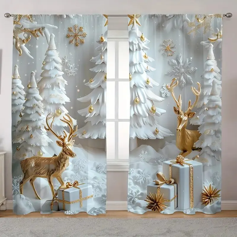 2pcs - Christmas snow tree and Golden reindeer design printed curtains, pole bag curtains, home decoration, room decoration 1