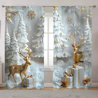 2pcs - Christmas snow tree and Golden reindeer design printed curtains, pole bag curtains, home decoration, room decoration 1