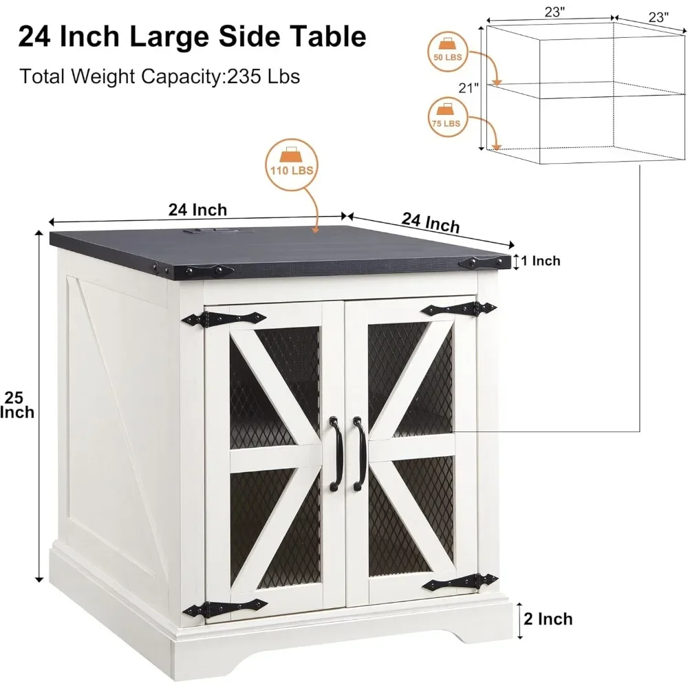 24" Farmhouse End Table - Rustic Wood Sofa Side Table with Charging Station, Mesh Barn Door & Adjustable Storage Shelf 2