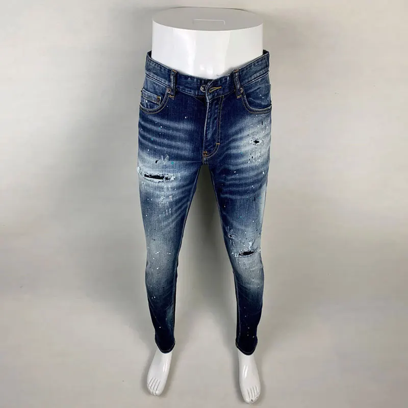 High Street Fashion Men Jeans Retro Blue Elastic Slim Fit Painted Ripped Jeans Men Vintage Designer Hip Hop Brand Pants Hombre