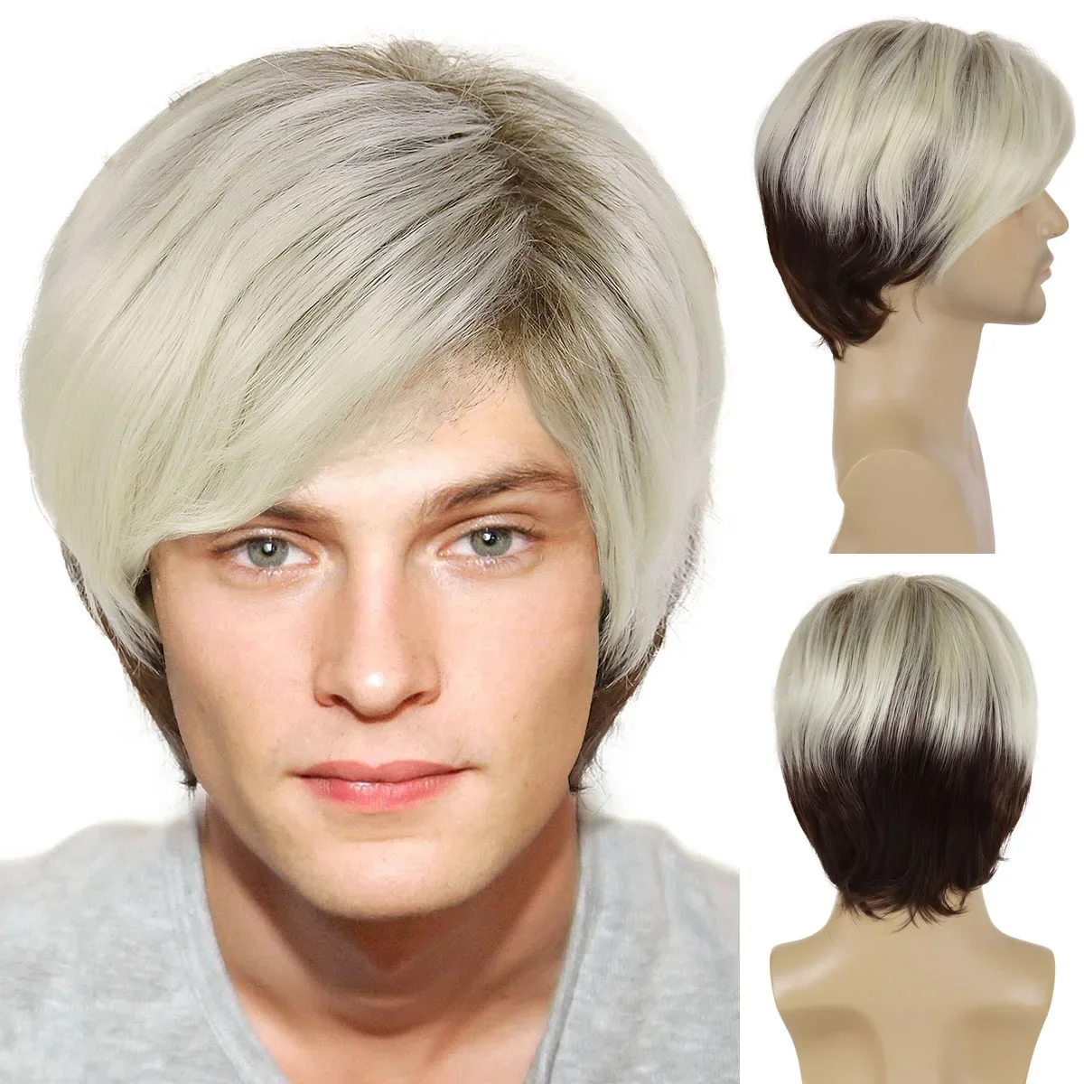 

GNIMEGIL Synthetic Platinum Blonde Ombre Brown Wigs for Men Short Wig with Bangs Cosplay Halloween Party Men's Wig Natural Hair