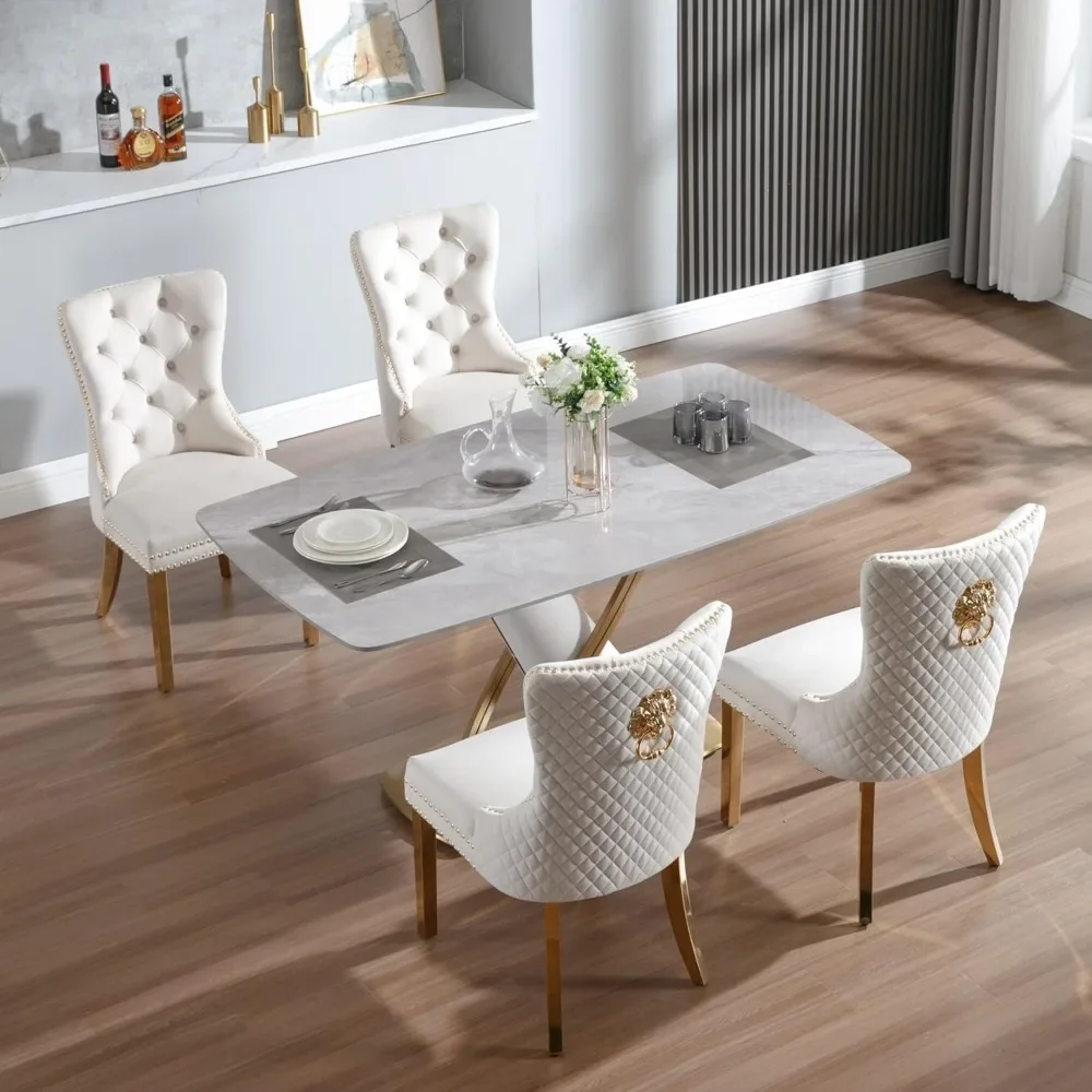 Dining Chairs Set of 6, Luxury Velvet Tufted Legs & Nailhead Trim, Back Lion Head Pull Ring & Rhomboid Pattern, Kitchen Chairs 6