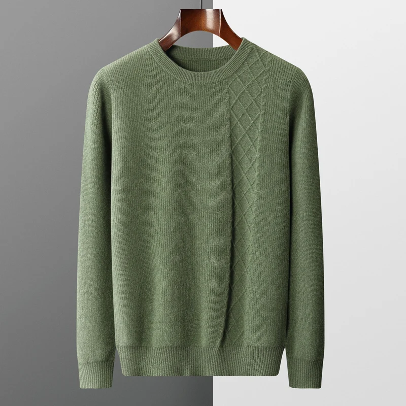 

MVLYFLRT Autumn and Winter New Cashmere Sweater Thickened Men's O-Neck Top Casual Knit 100% Merino Wool Sweater
