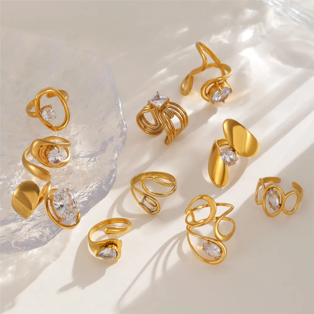 316L Stainless Steel Zircon Inlay Irregular Ring for Women Retro Metal Open Rings Party Jewelry Gifts