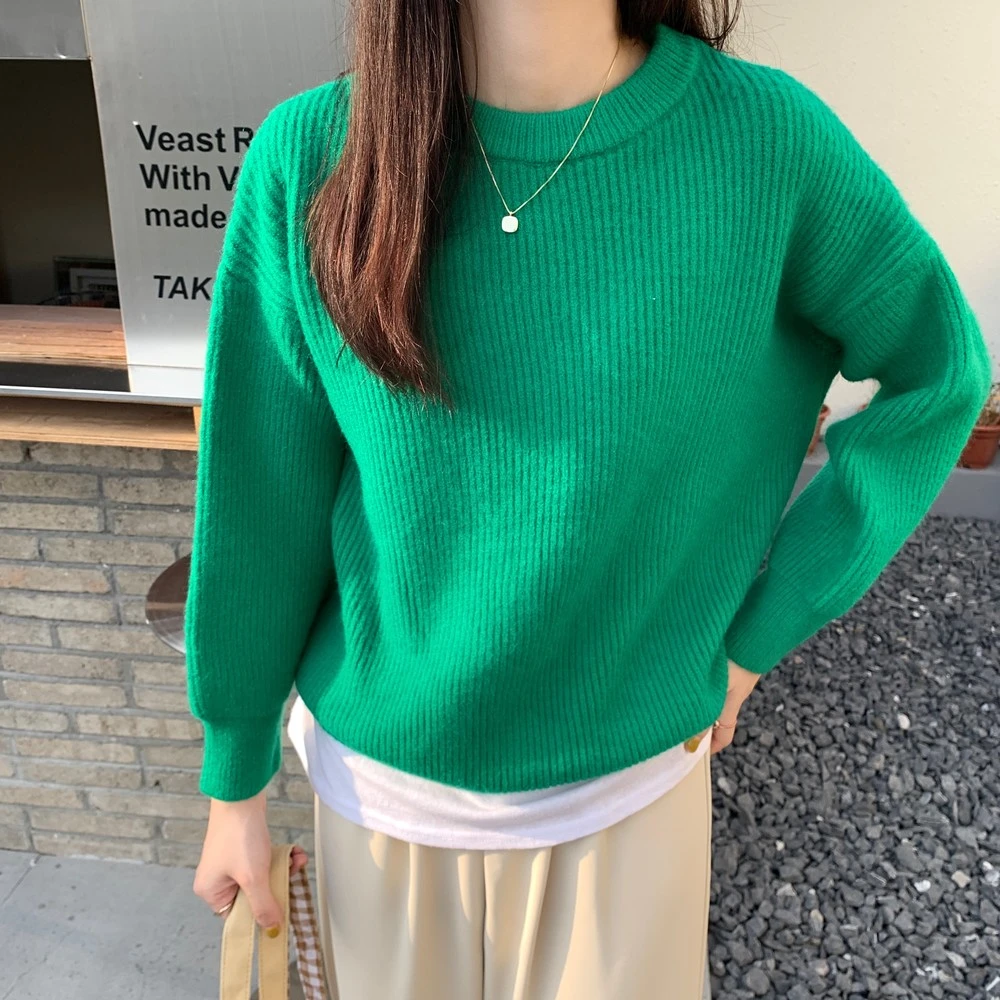 green sweater Croysier Fall Winter Fashion Clothing 2021 Women Warm Casual Solid Knitted Pullover Jumper Crew Neck Long Sleeve Loose Sweater green sweater