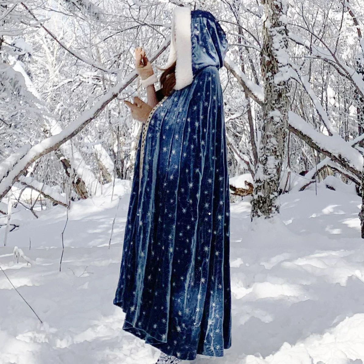 

Casual Winter Warm Shawl Loose Oversize Cloak Ponchos Ladies Outwear Vintage Velvet Snow Print Hooded Capes Women Coat