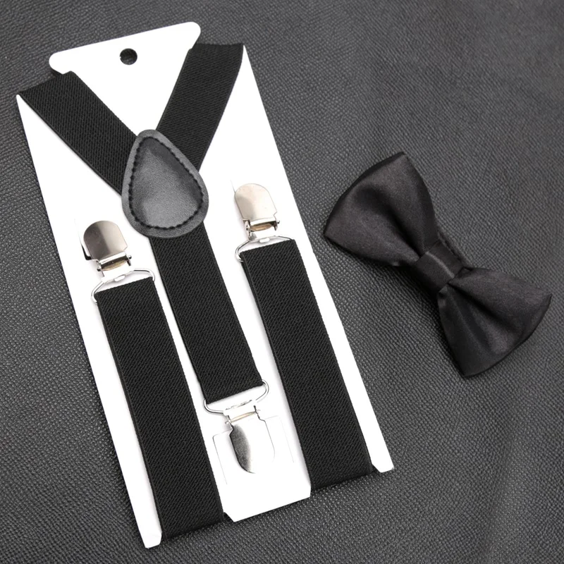 Kids Suspenders for Pants Bowtie Set Matching Tuxedo Suit Boy Girl Childs Black Adjustable Y-Back Brace Belt Wedding Accessories