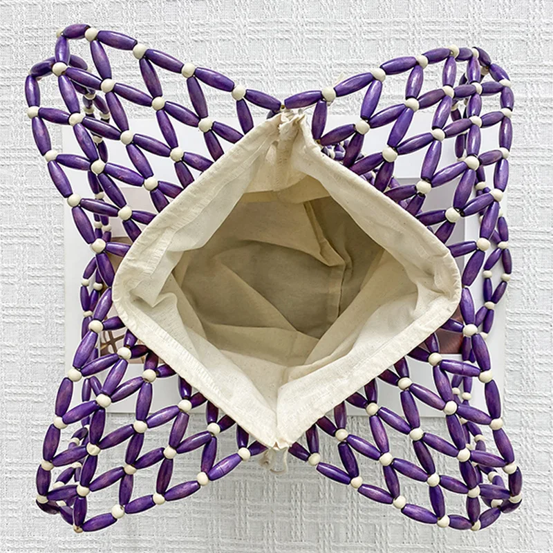 Wooden Beading Hollow-out Tote Bag for Holiday Travels Date Handmade Beaded Shoulder Bag Casual Beach Handbag for Women