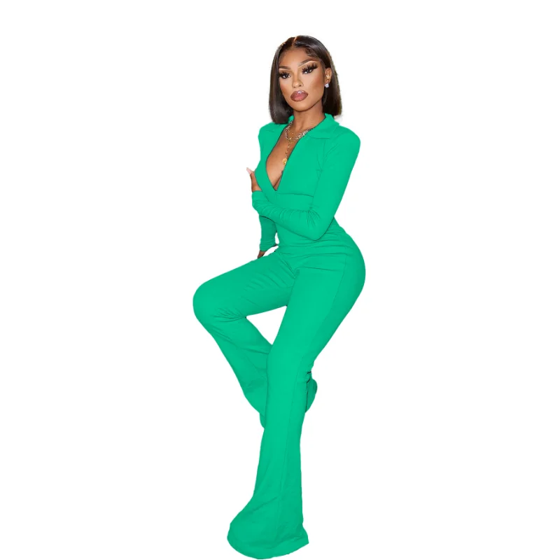 WSFEC 2023 Spring Fashion Jumpsuits Women Clothing Long Sleeve Deep V Neck Solid Bodycon Wide Leg Long Romper Female Bodysuits