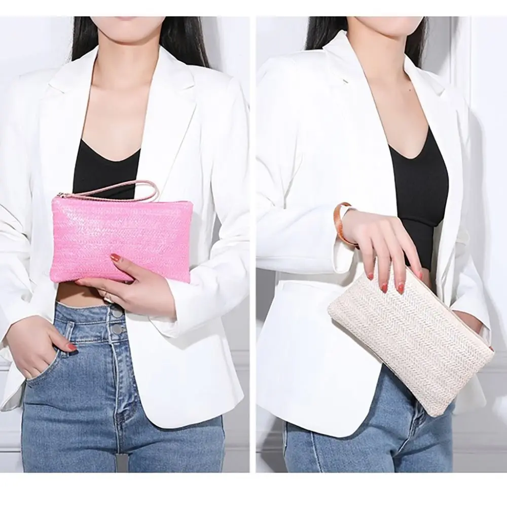Fashion Ladies Weaving Bag Wristlet Clutch Women Daily Money Phone Clutch Solid Straw Woven Coin Purse Beach Wallet Card Holder 3