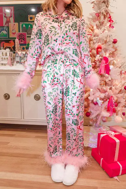 Pink Fluffy Xmas Pjs Pink Christmas Pajamas Set For Kid Women