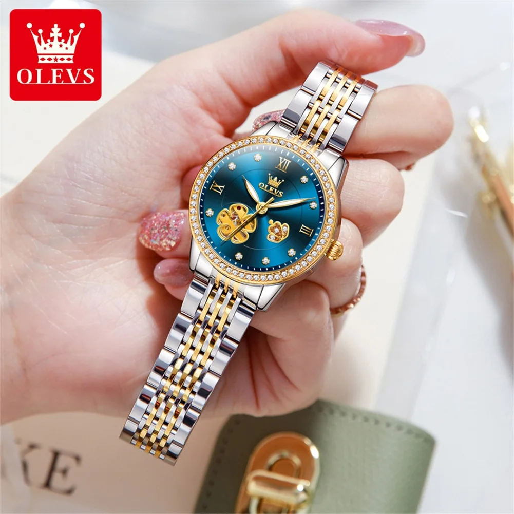 OLEVS Luxury Automatic Mechanical Watch for Women Stainless Steel Diamond Lap Hollow Out Flower Design Elegant Ladies Wristwatch