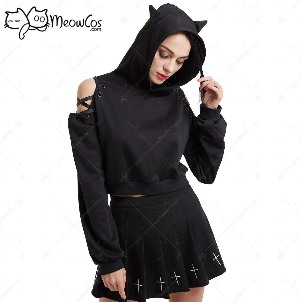 Meowcos Women's Sexy Cute Gothic Dark Style Cat Ear Plush Long Sleeves Strap Decorated Hoodie Women Hooded Coat Pullover Top