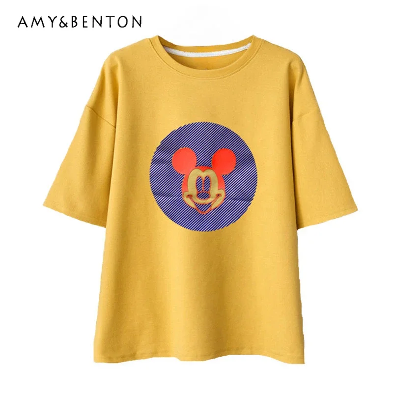 

Potdemiel Autumn Brushed Cotton Short-Sleeved T-shirt Women's Loose O-Neck Cartoon Inner Thickened Half-Sleeve Top Bottoming Tee
