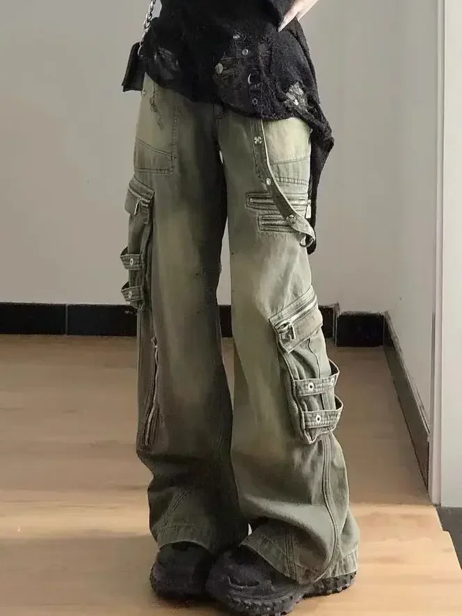 Loose Retro Washed Cargo Jeans Streetwear Women Zipper Baggy Pants Hiphop Straight Pants Multi-pocket Wide Leg Jeans Women 4