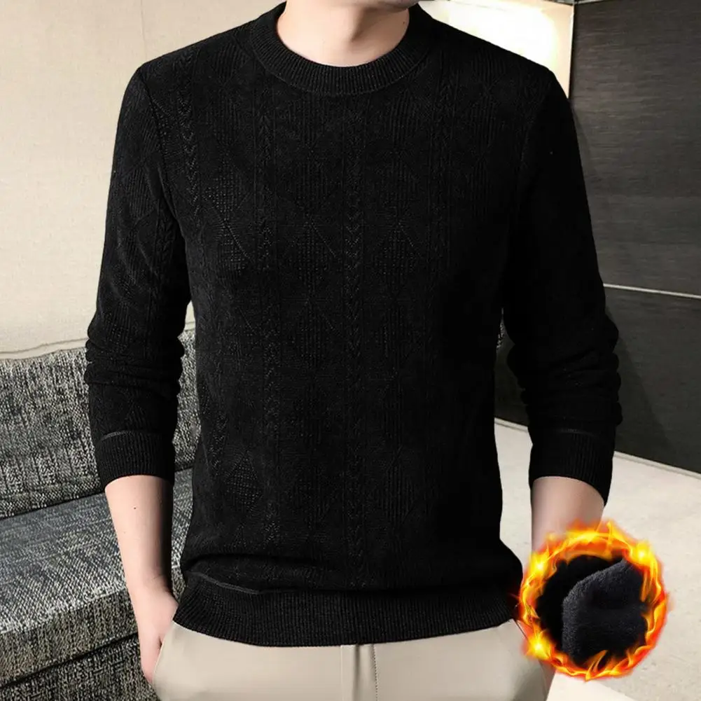 Men Long Sleeve Sweater Cozy O-neck Sweater with Plush Lining Jacquard Texture Knitting Thicken Pullover Tops for Teenagers
