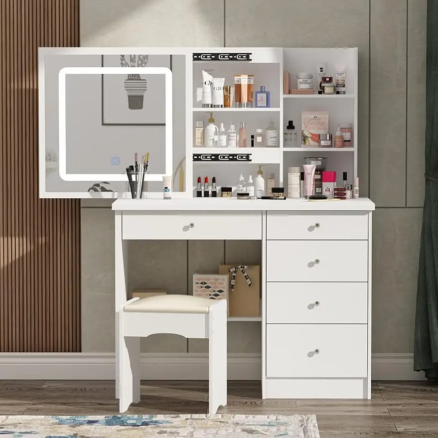 

Large Vanity Table Set Makeup Vanity Dressing Table with Mirror, 5 Drawers & Shelves, Dresser Desk and Cushioned Stool Set