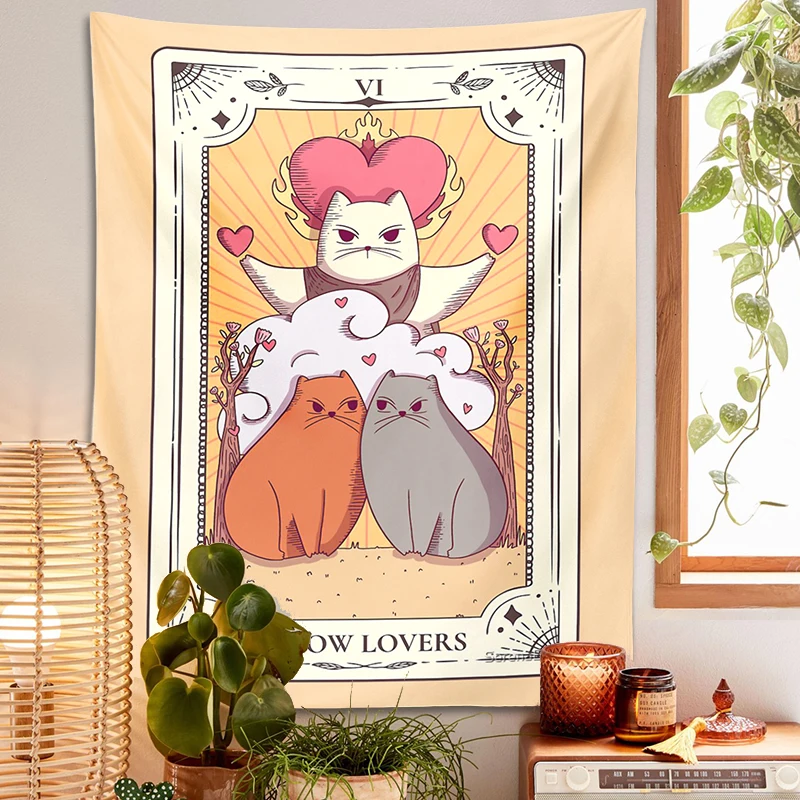 Cute Cat Tarot Tapestry Wall Hanging psychedelic decoration Witchy Boho sun moon Star Tapestries Living Room Kids Room Bedroom tapestry decorations