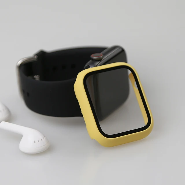 Glass+Watch Cover for Apple Watch Case 41mm 45mm 40mm 44mm 42mm 38mm Matte Bumper+Screen Protector for Iwatch SE 7 6 5 4 3 2 1 Yellow