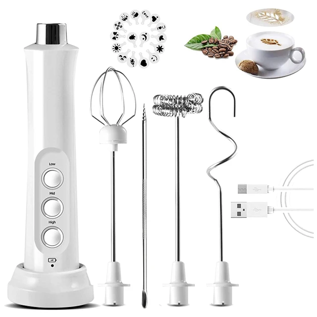 Real Simple Milk Frother and Whisk Set | USB Rechargeable Milk Frother with Stainless Steel Attachments and 5 Coffee Stencils | Perfect Handheld