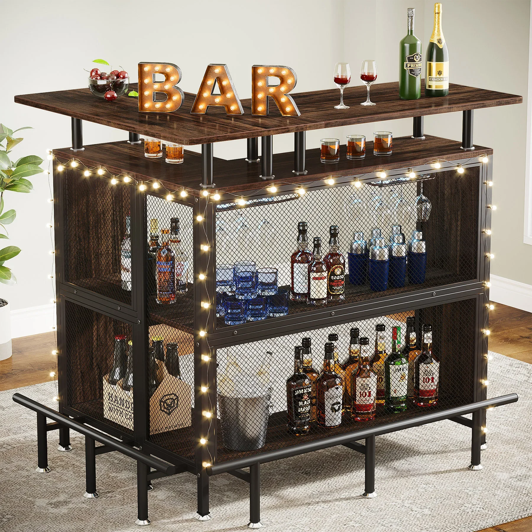 Tribesigns Home Bar Unit, L-Shaped Bar Table with Stemware Racks and 2-Tier Shelves, Corner Coffee Liquor Cabinet, Rustic Brown