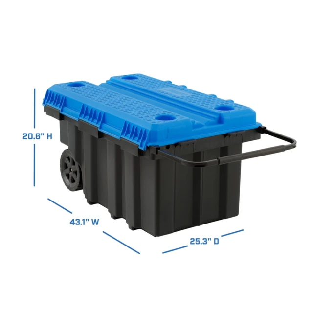 50 Gallon Rolling Plastic Tool Chest with Work Top for Garage, Black with  Blue Lid