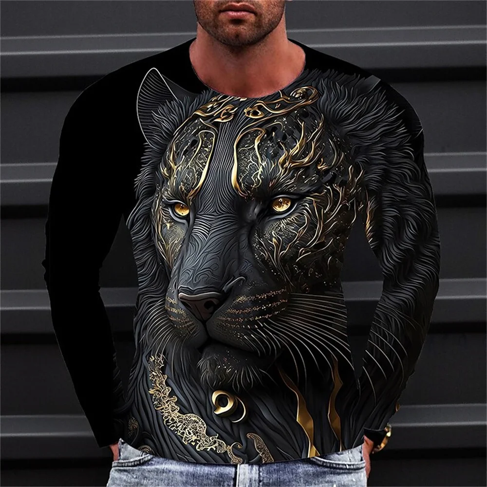 

2024 Spring Fashion Men's Clothing Animal Series Lion Modern Metallic 3D Printed Round Neck Sports Casual Long Sleeved T-Shirt