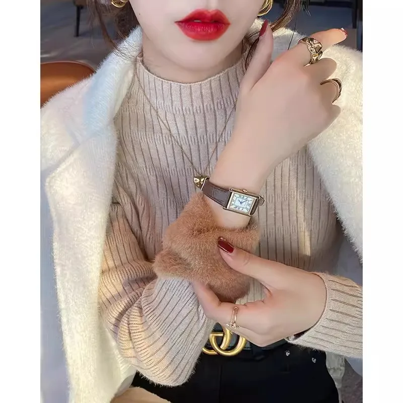 Solid Color Autumn and Winter Semi-turtleneck Women's Long Sleeve Sweater Fashion Pullover Knitwear Integrated Fleece Base Layer