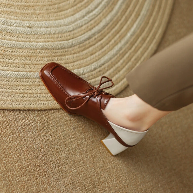 

2023 Spring Women Loafers Split Leather Shoes Square Toe Chunky Shoes for Women Mixed Colors Mid-heel Women Pumps Lace-up Shoes