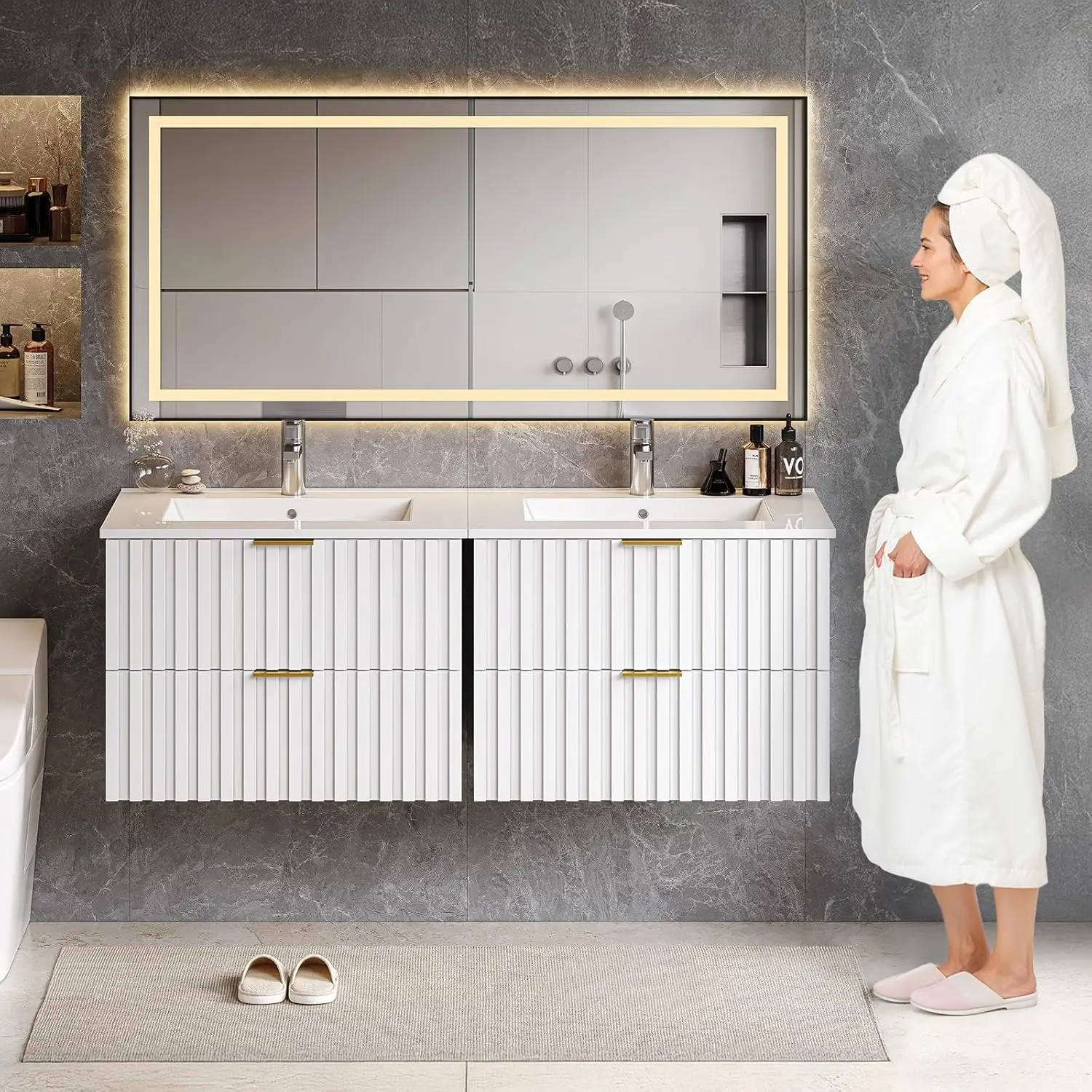24 Inch Bathroom Vanity with Sink Combo,Floating Bathroom Vanity with 2 Fluted Drawer,Metal Handles, Wall Mount Bathroom Cabinet 4