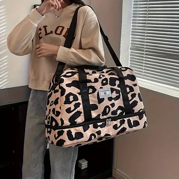 Borsone da viaggio in nylon di grande capacità con stampa animalier, borsa portaoggetti per palestra sportiva, borsa da notte portatile per weekend da donna 1
