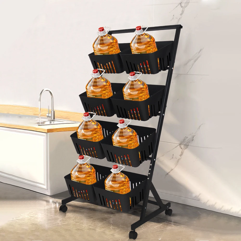 4-Tier Fruit and Vegetable Basket W/Rolling Wheels Fruit Basket Stand Vegetable Storage Rack for Kitchen Floor & Pantry