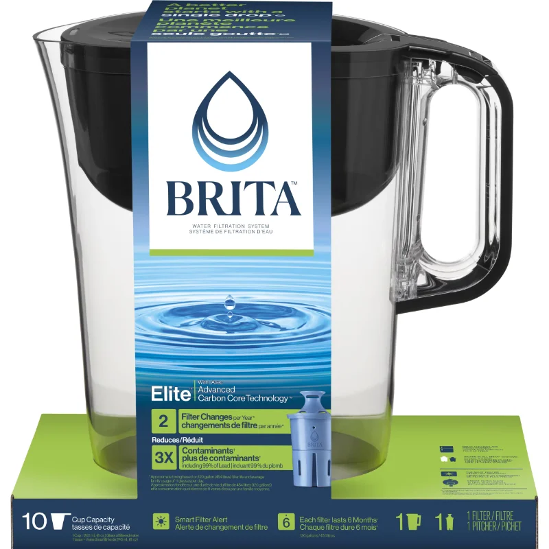 

Large 10 Cup Water Filter Pitcher with 1 Elite Filter, Made Without BPA, Huron, Black